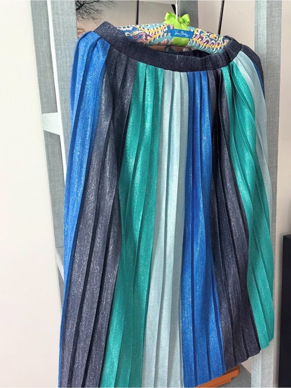 Maeve Pleated Metallic Stripe Midi Skirt in Blue & Teal